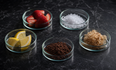 Beş temel tat (tatlı, tuzlu, ekşi, acı, umami) numunelerinin koyu mermer yüzeydeki bilimsel düzenlemesi