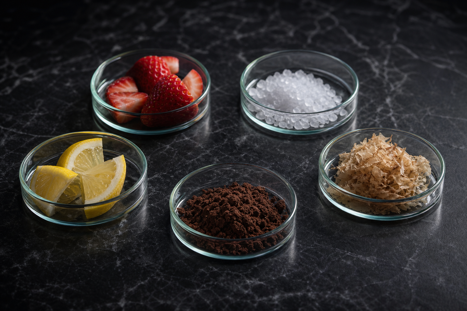 Beş temel tat (tatlı, tuzlu, ekşi, acı, umami) numunelerinin koyu mermer yüzeydeki bilimsel düzenlemesi