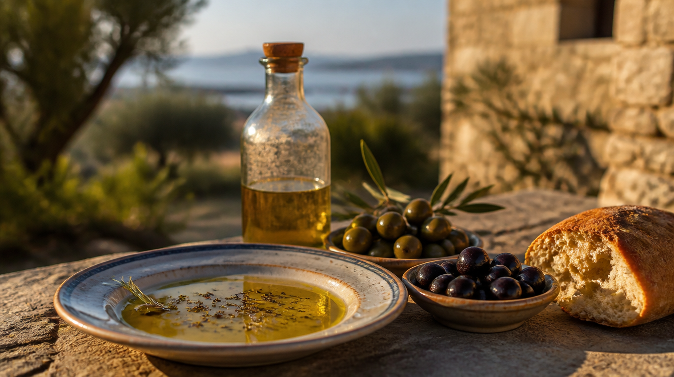 Cam şişede altın sarısı zeytinyağı, tabağa dökülmüş zeytinyağı, kase zeytin ve ekmek