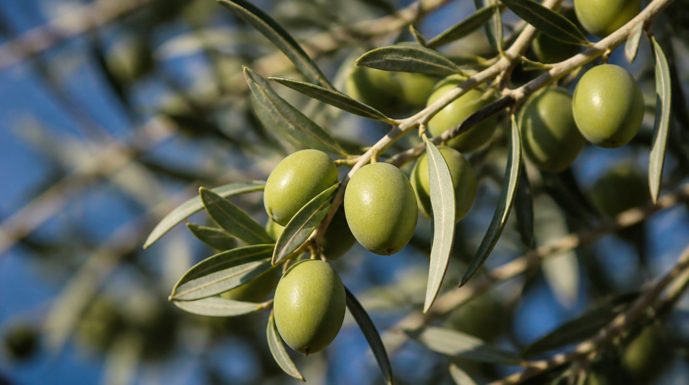 Dalında olgunlaşmış yeşil zeytinler, zeytin ağacı yaprakları arasında