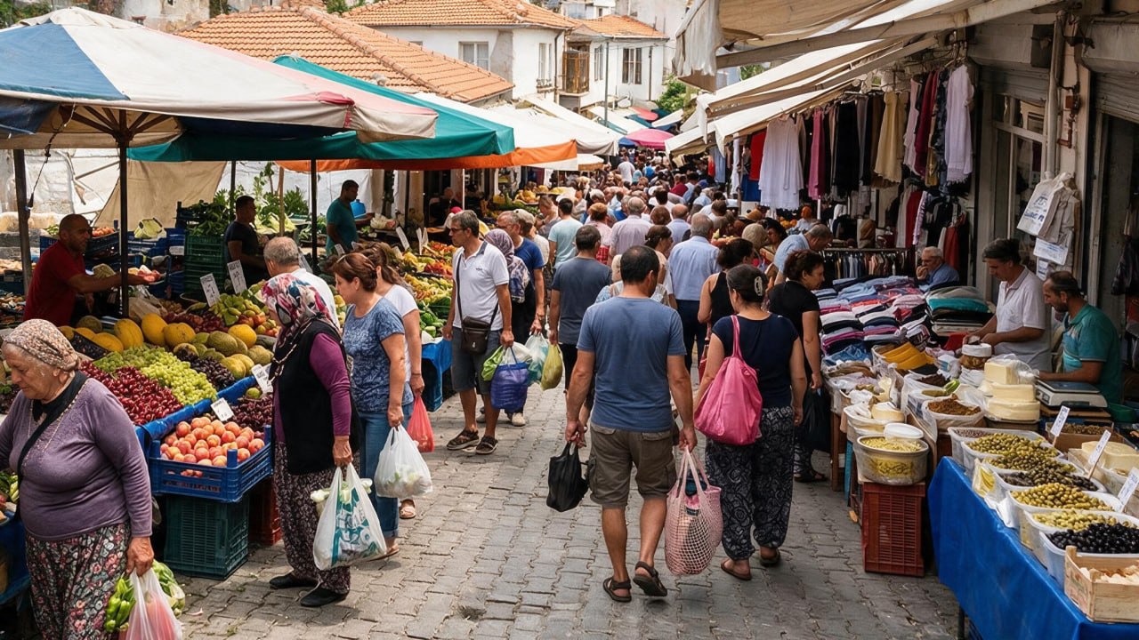 Açık hava semt pazarında taze sebzeler ve yerel ürünlerin canlı renkleri