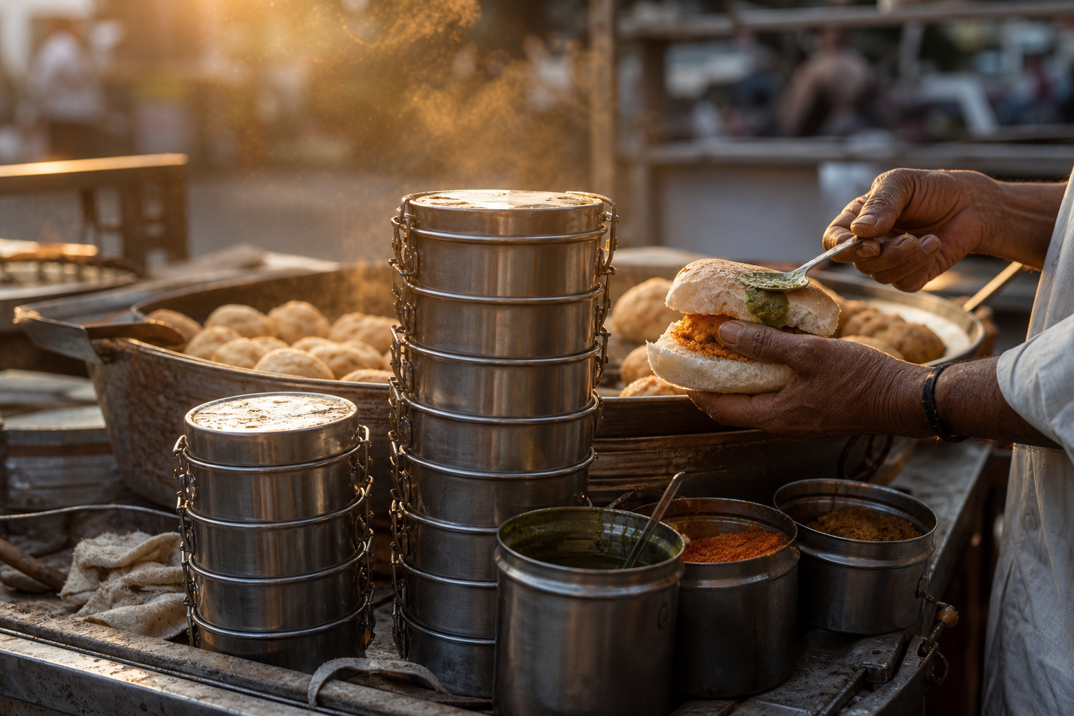 Mumbai sokaklarında tiffin kutuları ve baharatlarla dolu bir sokak yemeği tezgahı