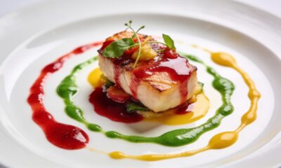 Fine dining tabağı: beyaz tabakta renkli soslarla süslenmiş, stüdyo ışığında çekilmiş sanatsal yemek fotoğrafı