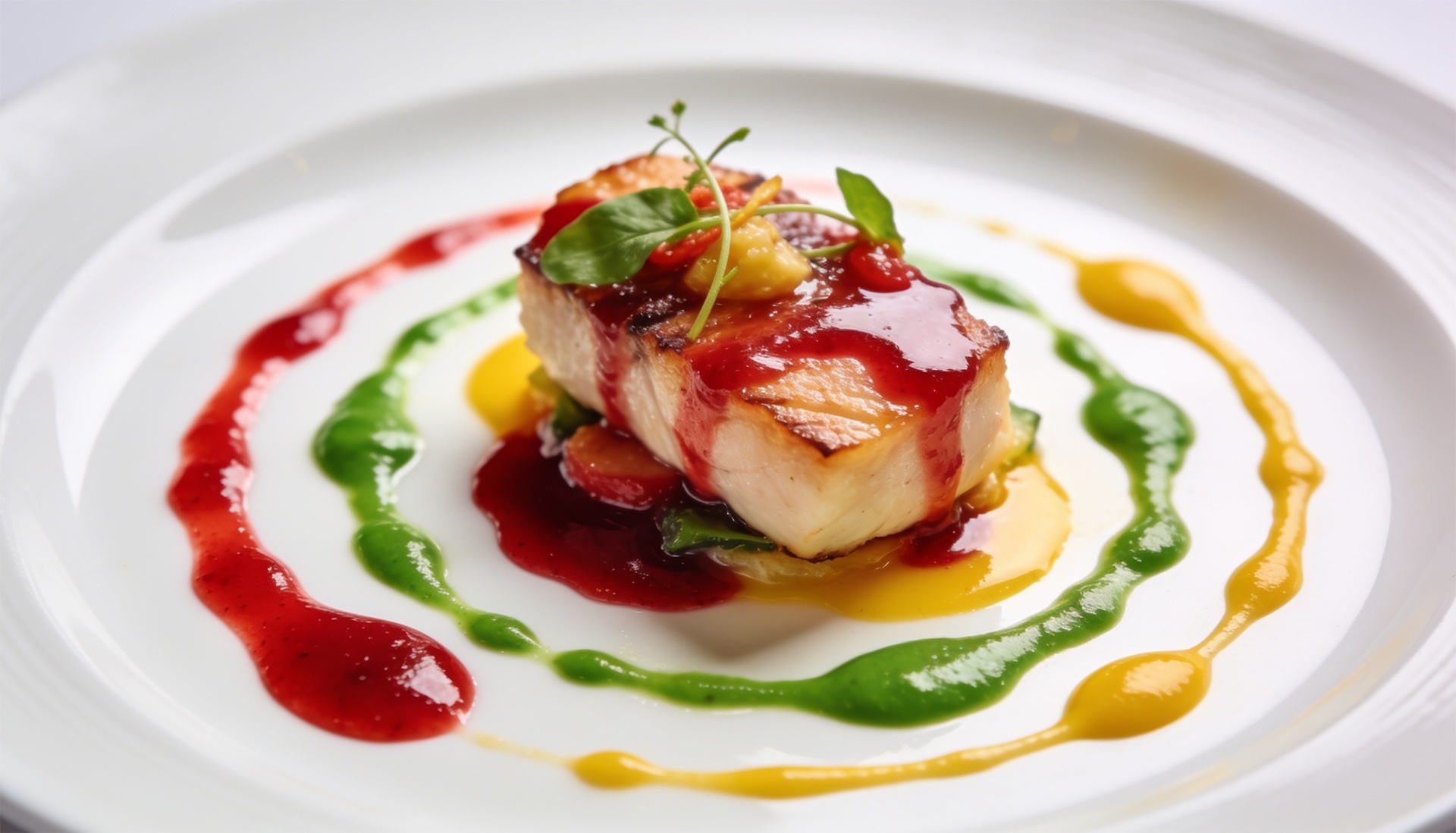 Fine dining tabağı: beyaz tabakta renkli soslarla süslenmiş, stüdyo ışığında çekilmiş sanatsal yemek fotoğrafı
