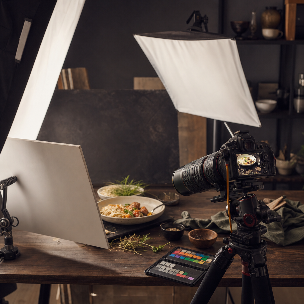 Yemek fotoğrafçılığı stüdyo kurulumu, perde arkası: kamera, softbox ışıklar, renk kartelası, yarım kalmış çekim düzeni