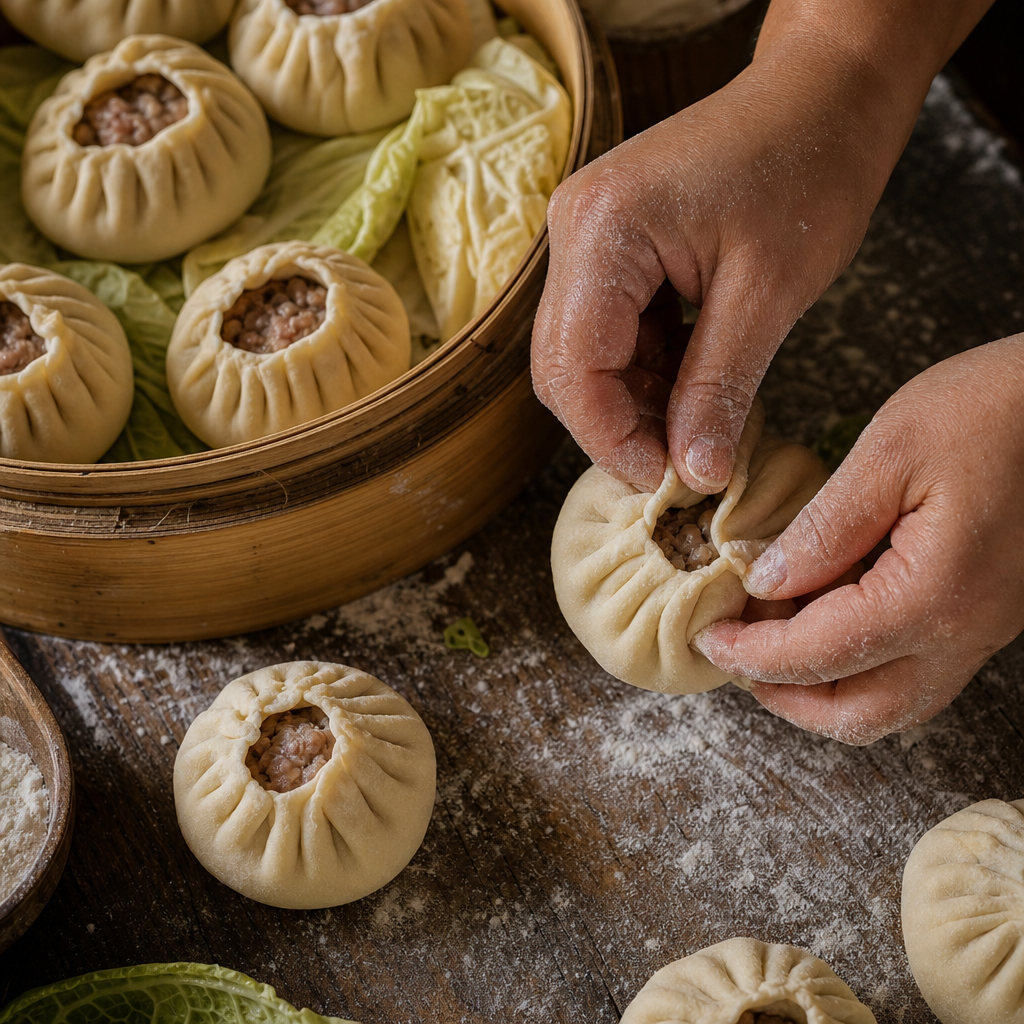 Orta Asya buuz/manti hamurunun el ile kapatılması, unlu parmaklar, bambu buhar sepeti, samimi mutfak ortamı