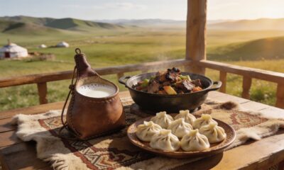 Moğol bozkırında geleneksel sofra: deri tulumda kımız, kazanda khorkhog, tabakta buuz/manti, altın saat ışığı, keçe ger çadır