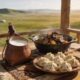 Moğol bozkırında geleneksel sofra: deri tulumda kımız, kazanda khorkhog, tabakta buuz/manti, altın saat ışığı, keçe ger çadır