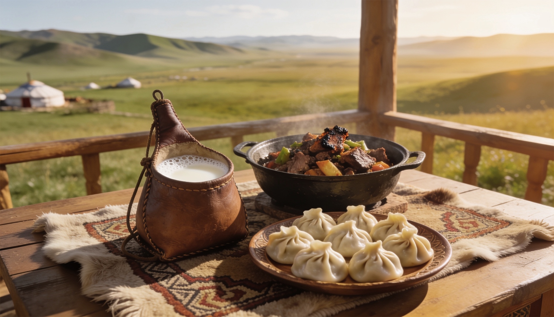 Moğol bozkırında geleneksel sofra: deri tulumda kımız, kazanda khorkhog, tabakta buuz/manti, altın saat ışığı, keçe ger çadır
