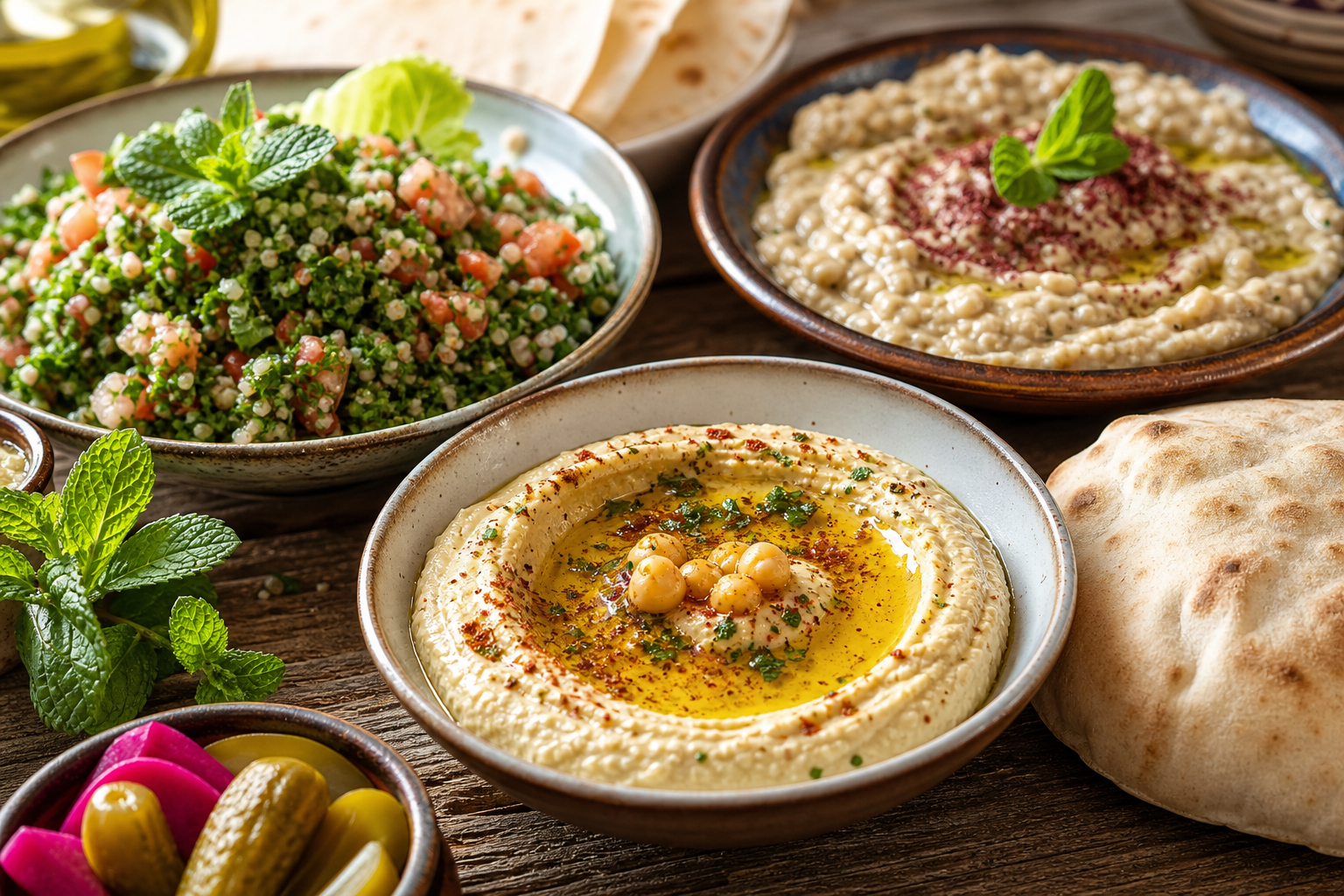 Levantine mezze spread: hummus, tabbouleh, baba ganoush ve taze pita
