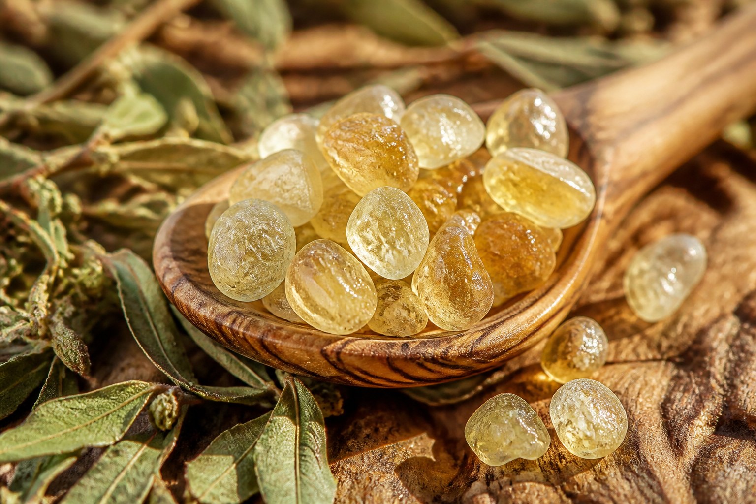Doğal damla sakızı kristal taneleri ve zeytin ağacı kaşık