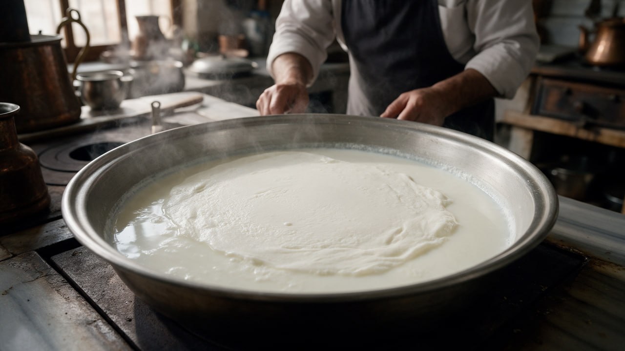Geleneksel ocak üzerinde manda sütünden kaymak bağlama zanaatı - Afyon Kaymağı
