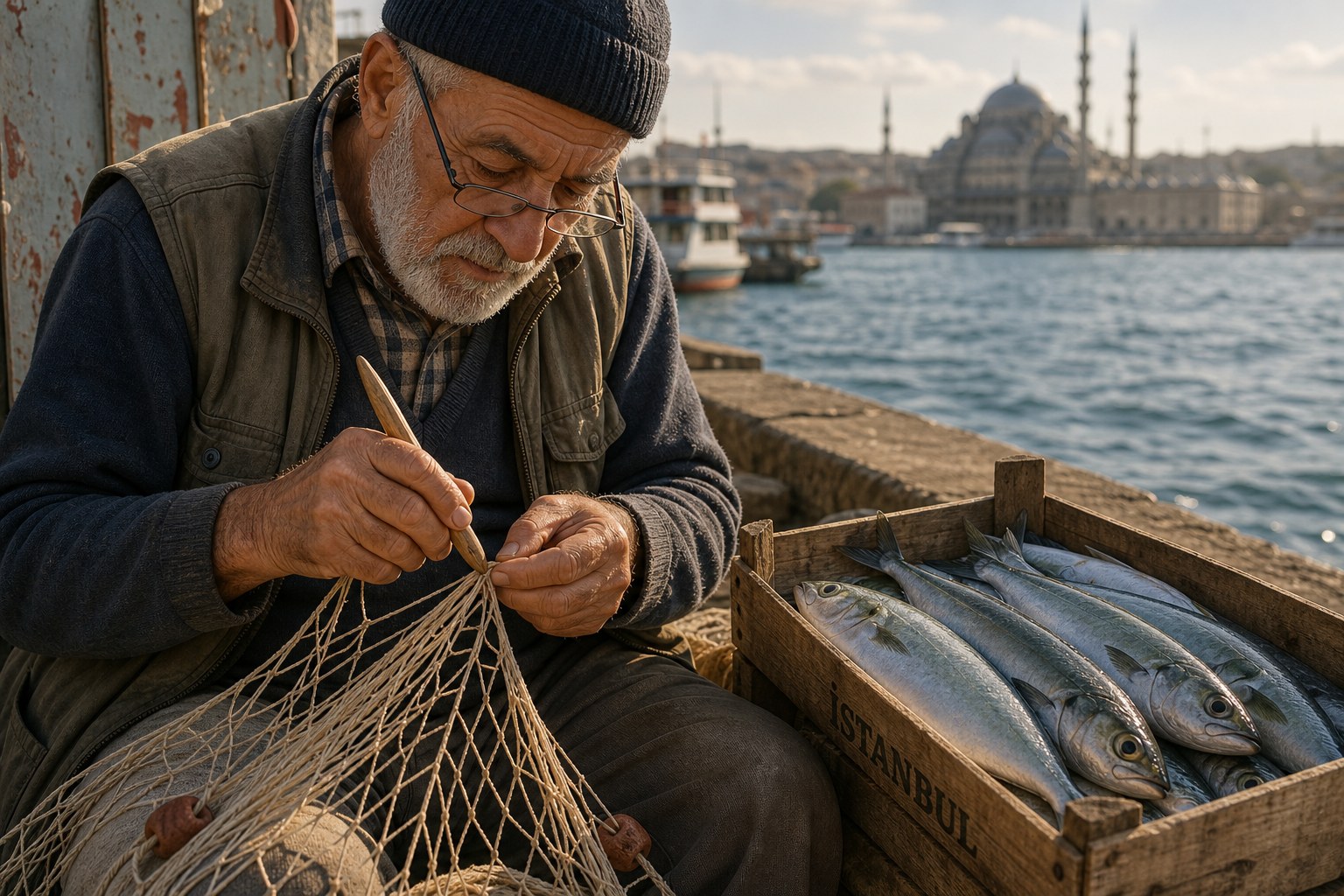 Tarihi İstanbul balık ağı ustaları ve taze lüfer balığı