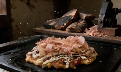 Geleneksel Katsuobushi blokları, ahşap rende ve taze katsuobushi yaprakları ile Japon mutfağı