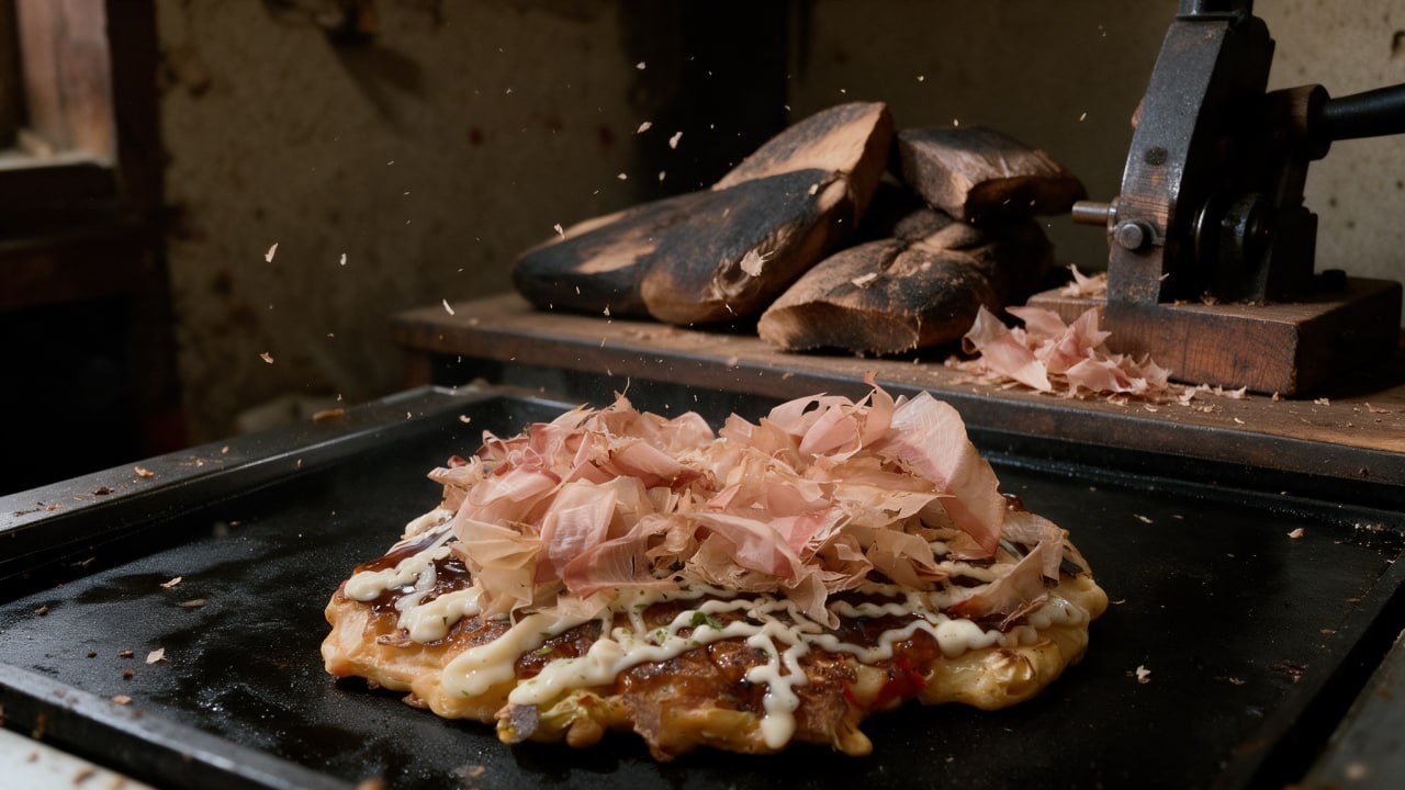 Geleneksel Katsuobushi blokları, ahşap rende ve taze katsuobushi yaprakları ile Japon mutfağı