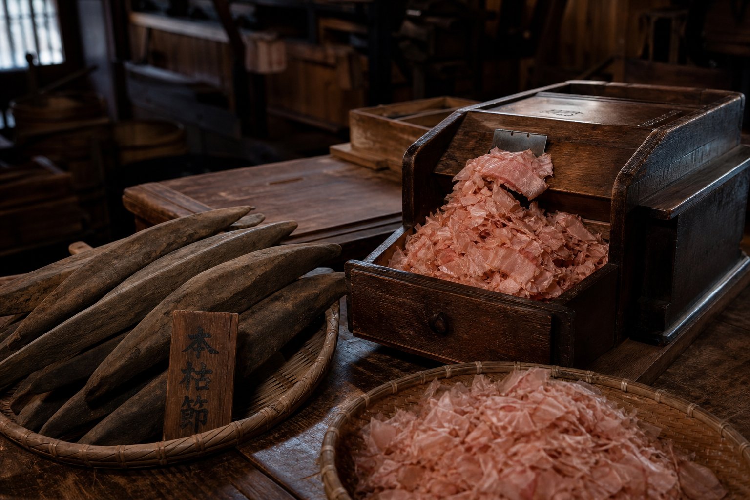 Geleneksel Japon Katsuobushi kurutma zanaatı ve ahşap rende