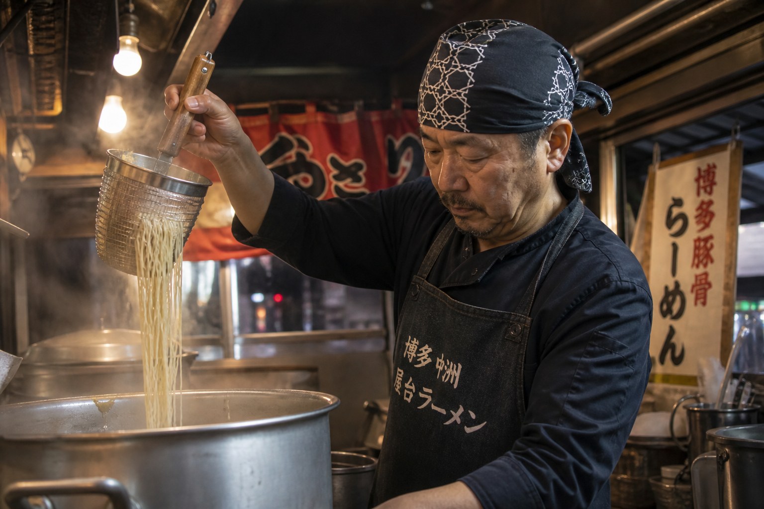 Japon ramen ustasının geleneksel süzgeçle erişte hazırlama zanaatı