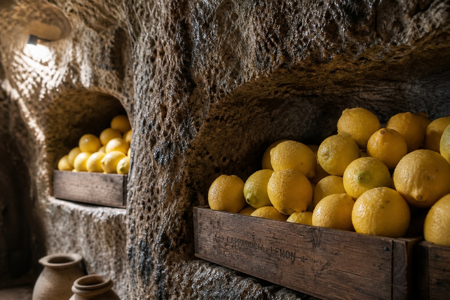Kapadokya kaya depolarında ahşap kasalarda dinlendirilen taze limonlar