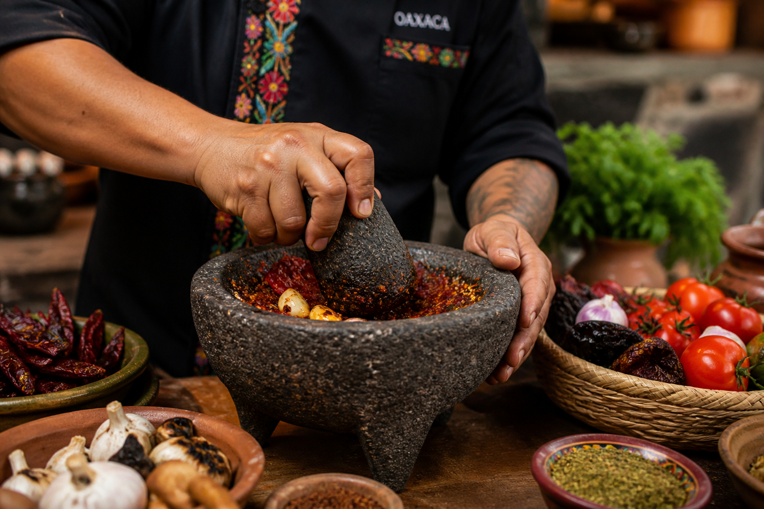 Geleneksel volkanik bazalt Molcajete havanında taze salsa ve avokado ezmesi hazırlanışı