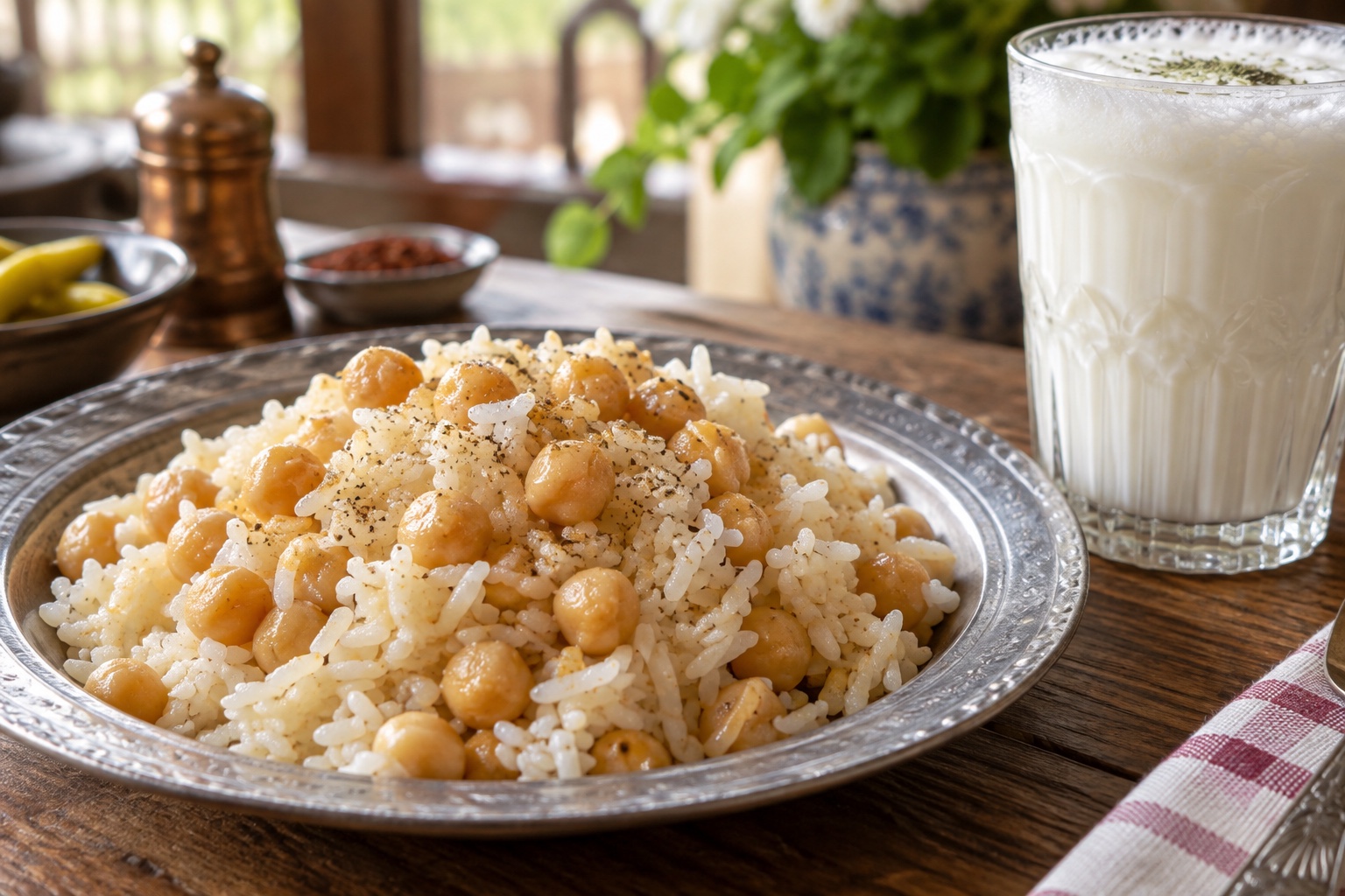 Geleneksel porselen tabakta tane tane tereyağlı nohutlu pilav ve köpüklü ayran