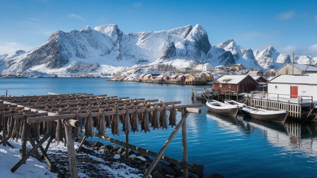 Norveç fiyortlarında geleneksel ahşap kurutma iskeleleri ve kurutulmuş morina balıkları