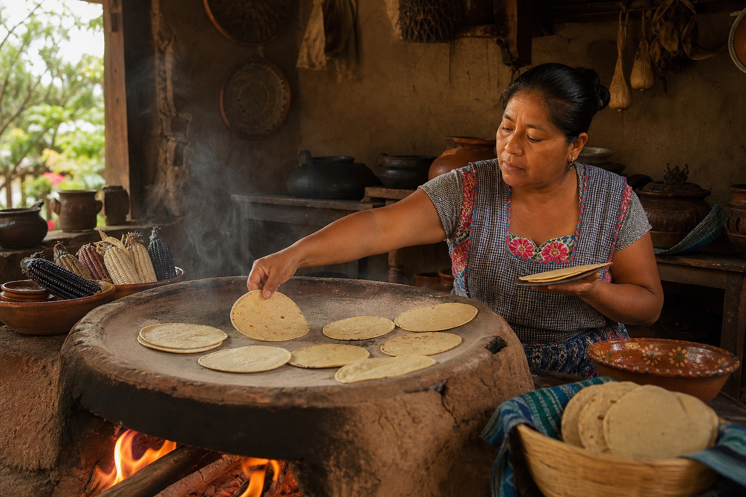 Oaxaca geleneksel kil comal ızgarası ve odun ateşinde pişen tortillalar