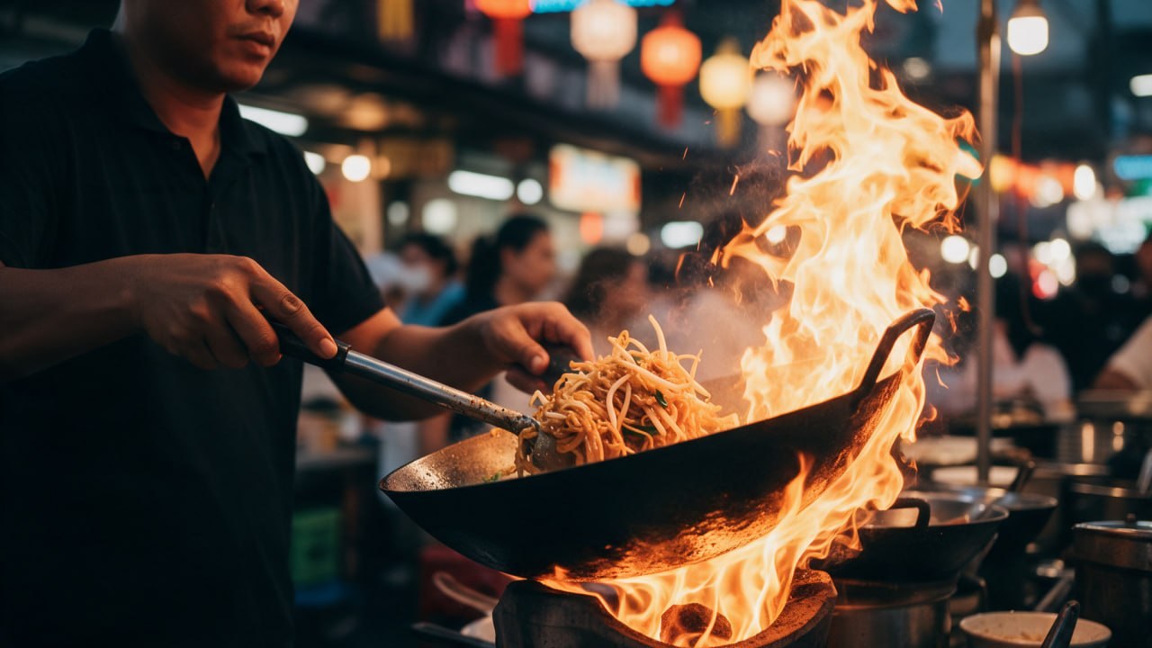 Geleneksel sokak tezgâhında alevli wok tavada erişte pişiren şef ve wok hei