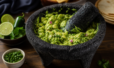 Volkanik bazalt taşından oyulan geleneksel Molcajete havanı ve taze guacamole