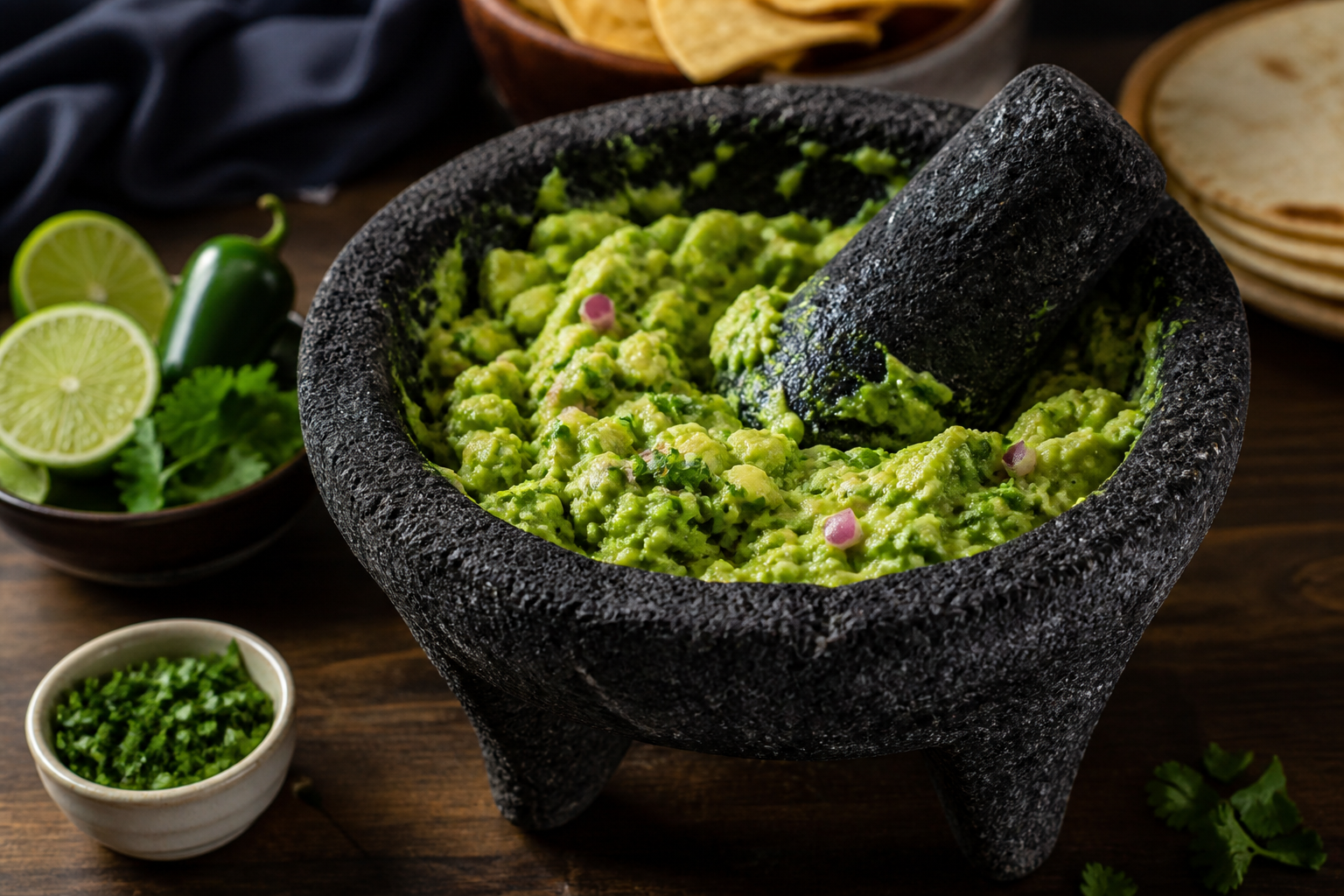Volkanik bazalt taşından oyulan geleneksel Molcajete havanı ve taze guacamole