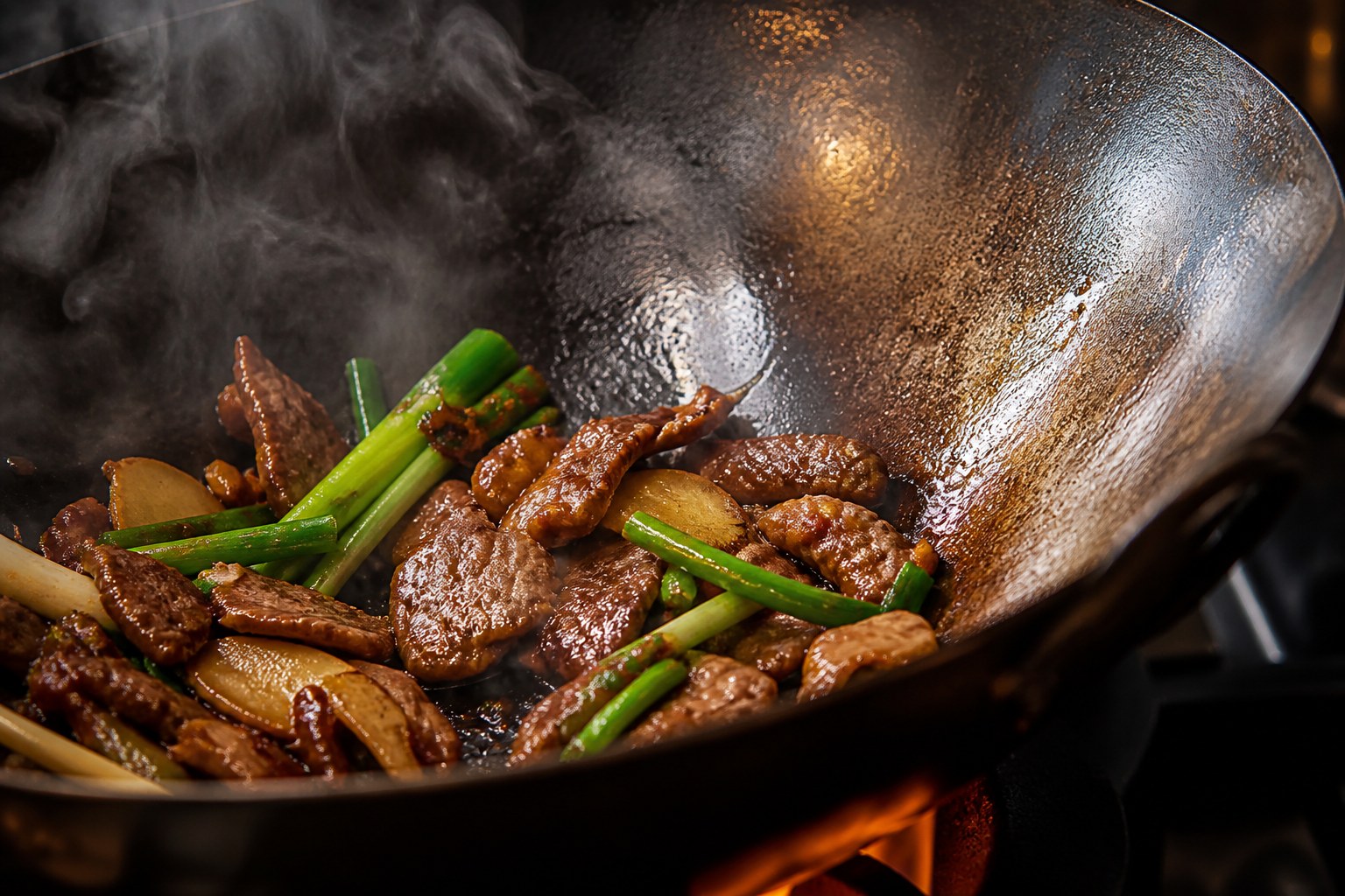 Geleneksel karbon çelik wok tavada yüksek ısı ve dumanlı aroma kimyası