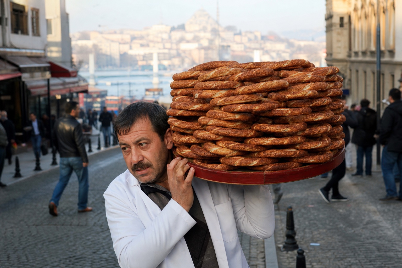 Geleneksel Sokak Tablasında Dizili Taze Susamlı Simitler