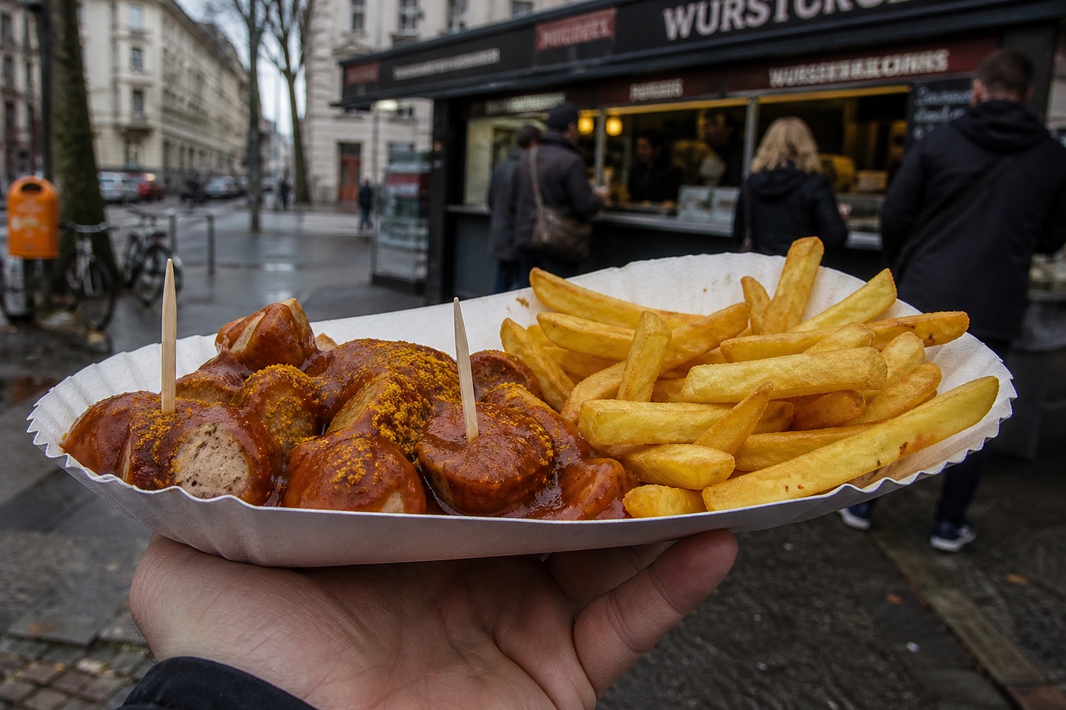 Berlin Sokak Büfesinde Baharatlı Soslu Sıcak Currywurst