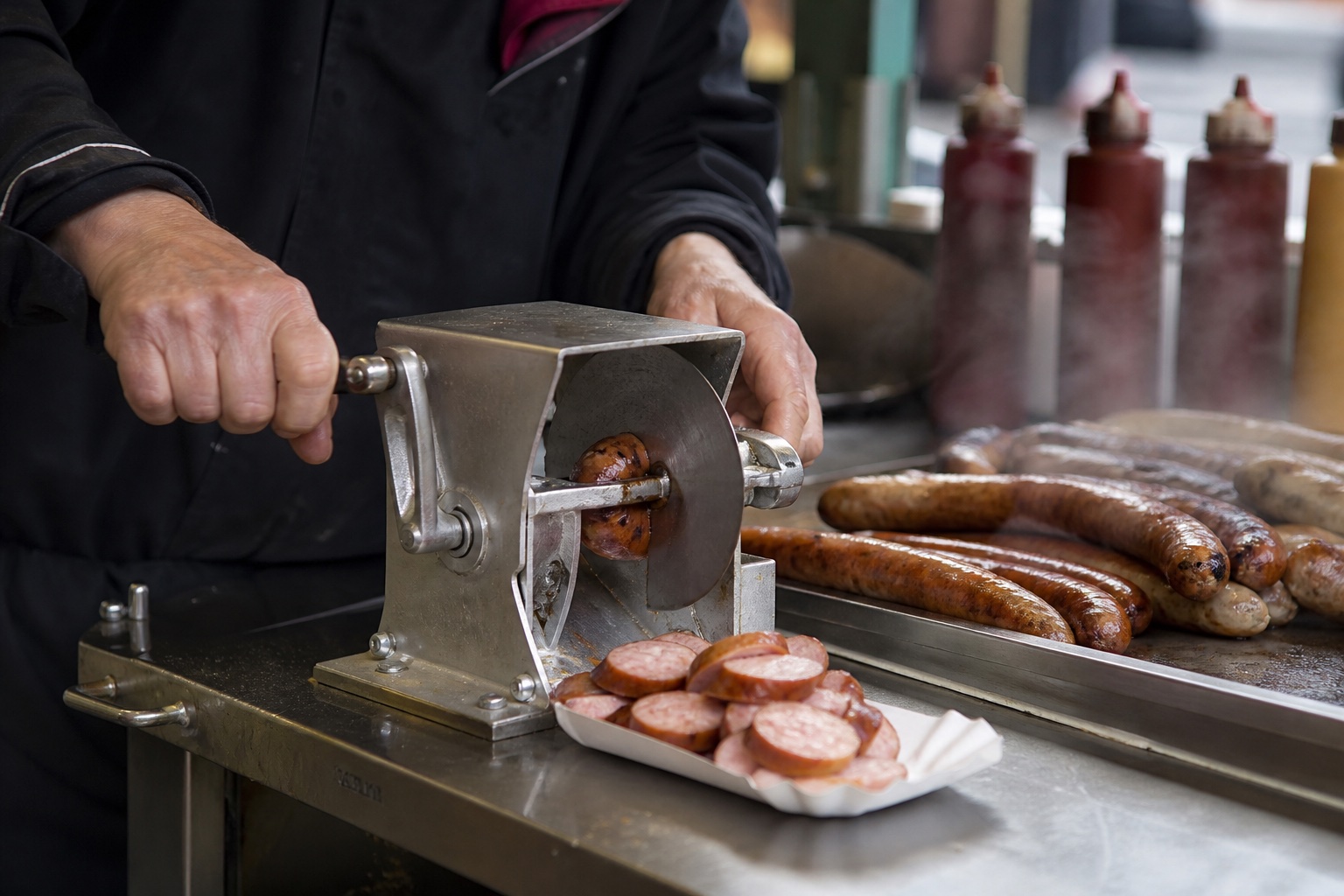 Imbiss Tezgahında Dilimlenen Taze Izgara Currywurst