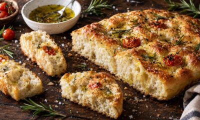 Dilimlenmiş Taze Zeytinyağlı ve Domatesli Focaccia Ekmeği