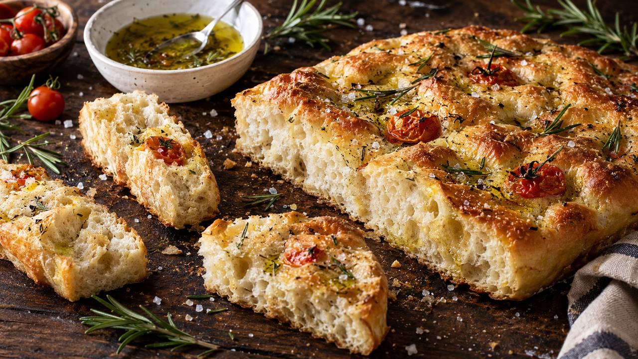 Dilimlenmiş Taze Zeytinyağlı ve Domatesli Focaccia Ekmeği