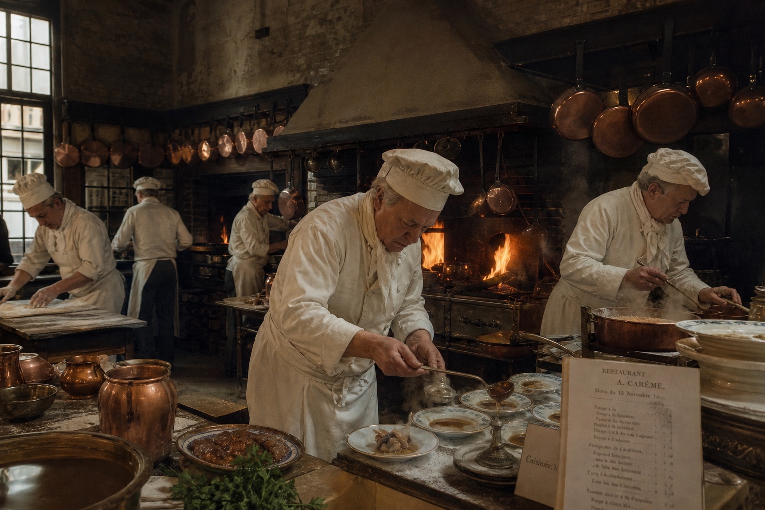 Tarihi Paris Restoran Mutfağında Bakır Tencerelerle Çalışan Şefler