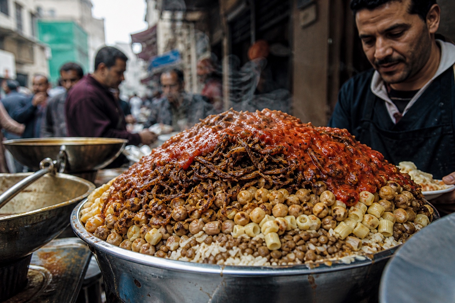 Kahire Sokaklarında Çıtır Soğanlı ve Baharatlı Soslu Koshari Tabağı