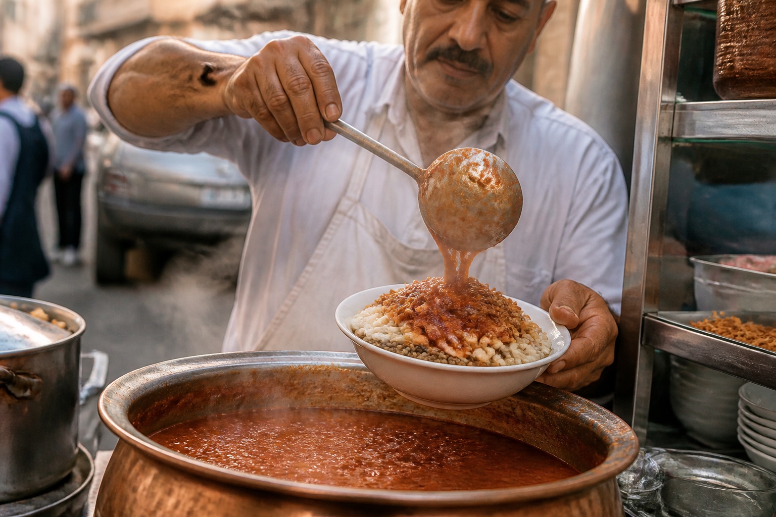 Seyyar Tezgahta Makarnalı Mercimekli Koshari Üzerine Dökülen Sarımsaklı Sos
