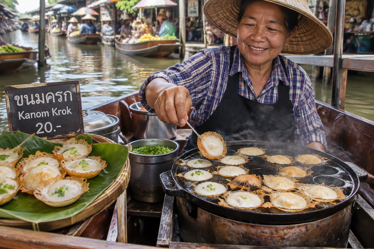 Tayland yüzen pazarında döküm tavada pişen Kanom Krok hindistan cevizi tatlısı