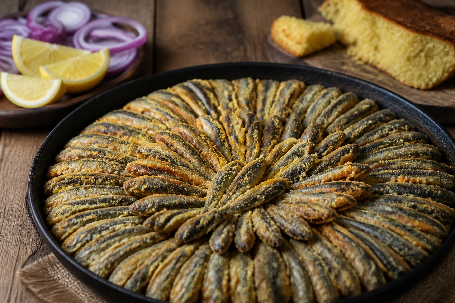 Dairesel Dizilmiş Çıtır Karadeniz Hamsi Tava
